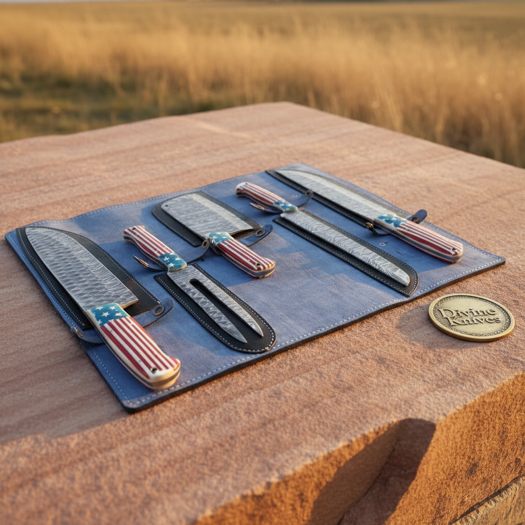 5-Piece Patriotic Chef Knife Set with Leather Roll Case detail view by Divine Knives