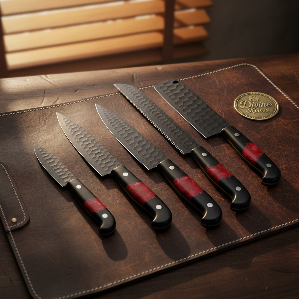 5-Piece Kitchen Knife Set with Red Resin Handles and Black Coated Blades by Divine Knives