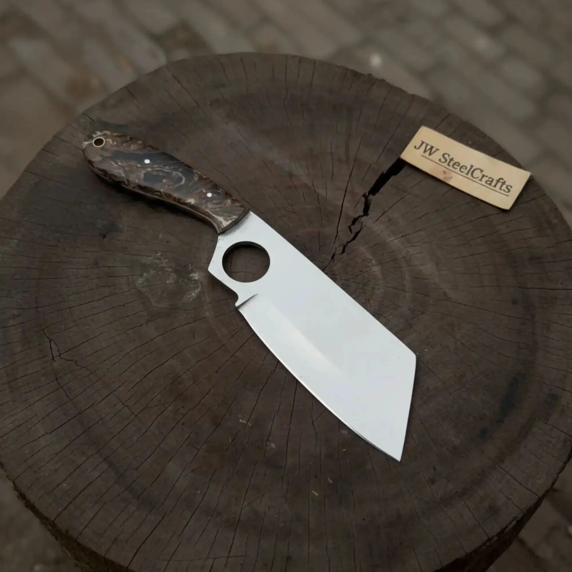 Sheepsfoot Fixed Blade Knife Polished Blade Thumb Hole Resin Handle by JW SteelCrafts, Damascus knife main product photo