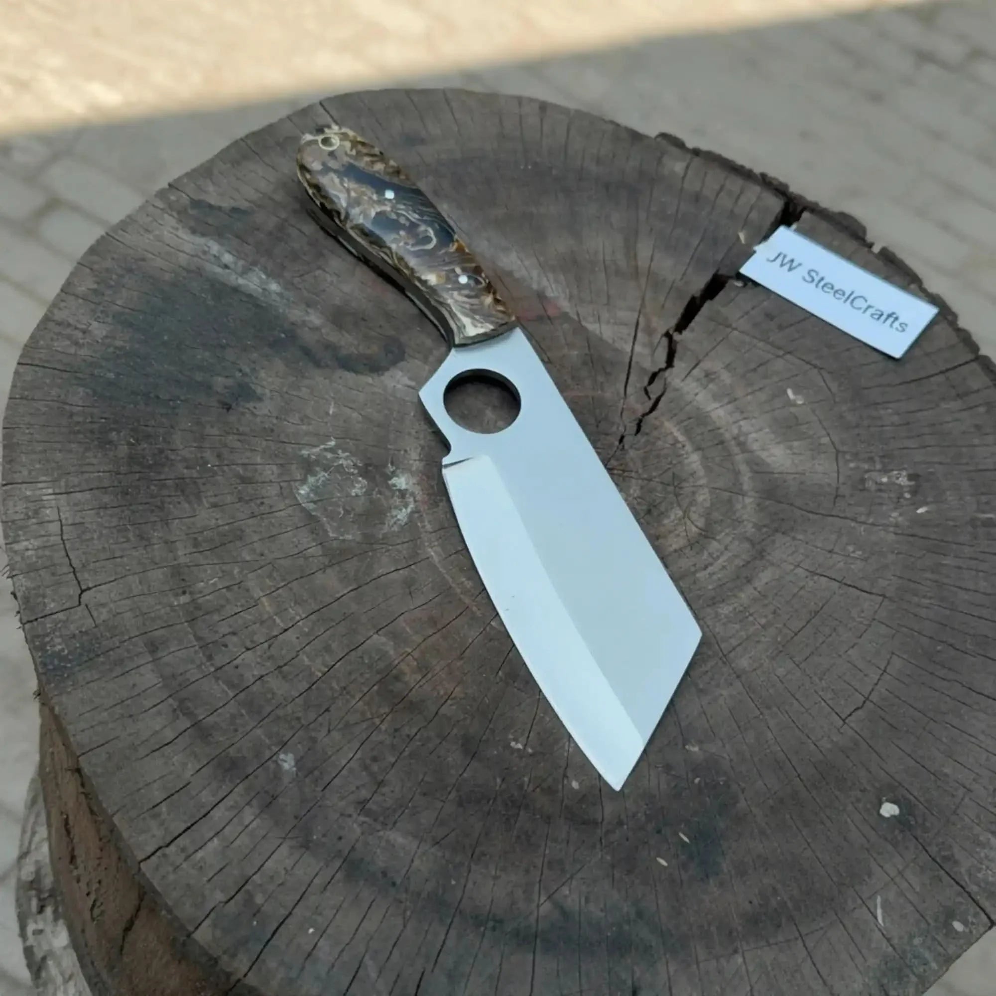 Sheepsfoot Fixed Blade Knife Polished Blade Thumb Hole Resin Handle by JW SteelCrafts, Damascus knife detail photo 2