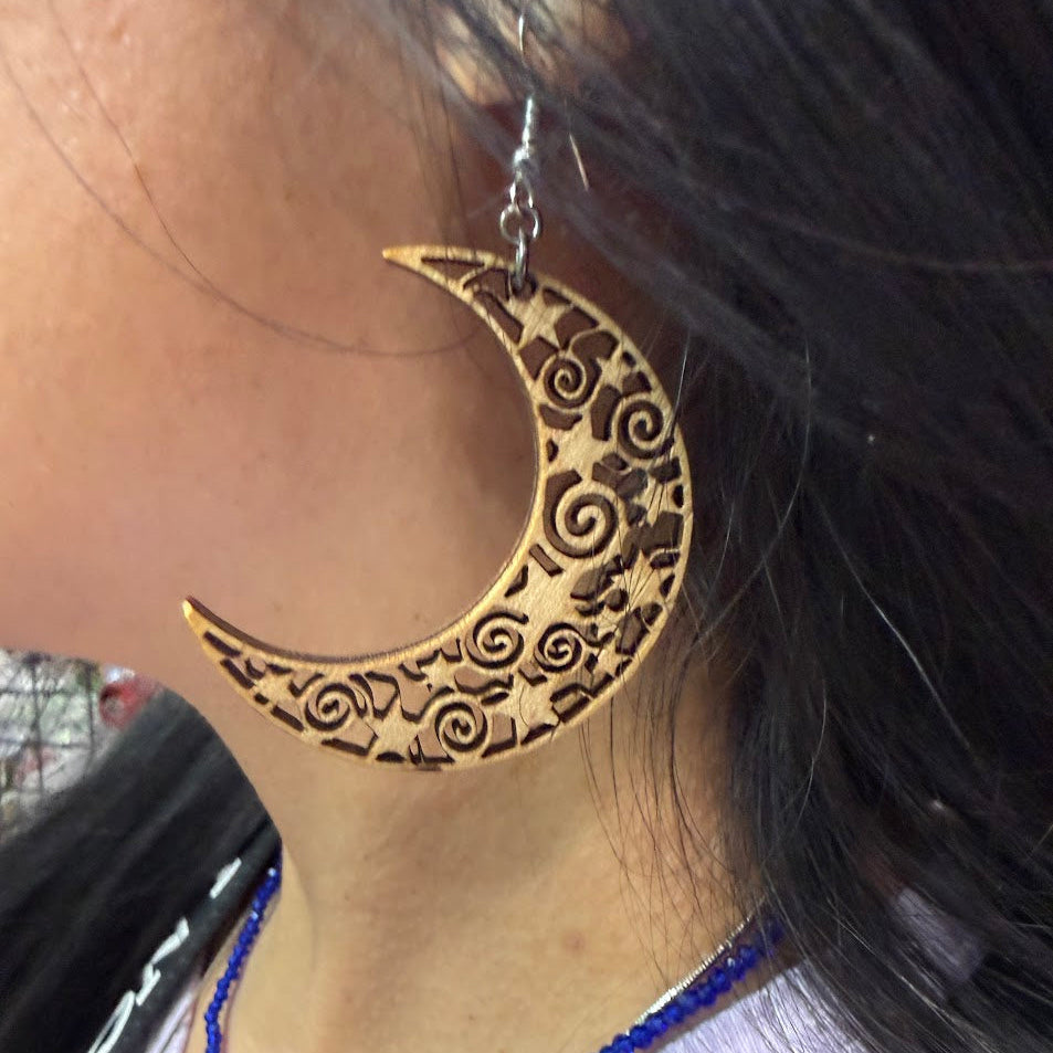 Crescent Moon Wooden Dangle Earrings | Celestial Filigree Jewelry detail view by Cate's Concepts, LLC