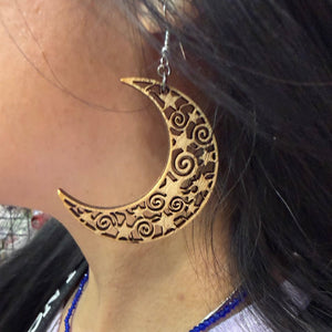 Crescent Moon Wooden Dangle Earrings | Celestial Filigree Jewelry detail view by Cate's Concepts, LLC