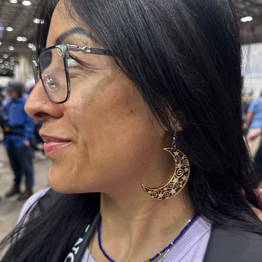 Crescent Moon Wooden Dangle Earrings | Celestial Filigree Jewelry detail view by Cate's Concepts, LLC