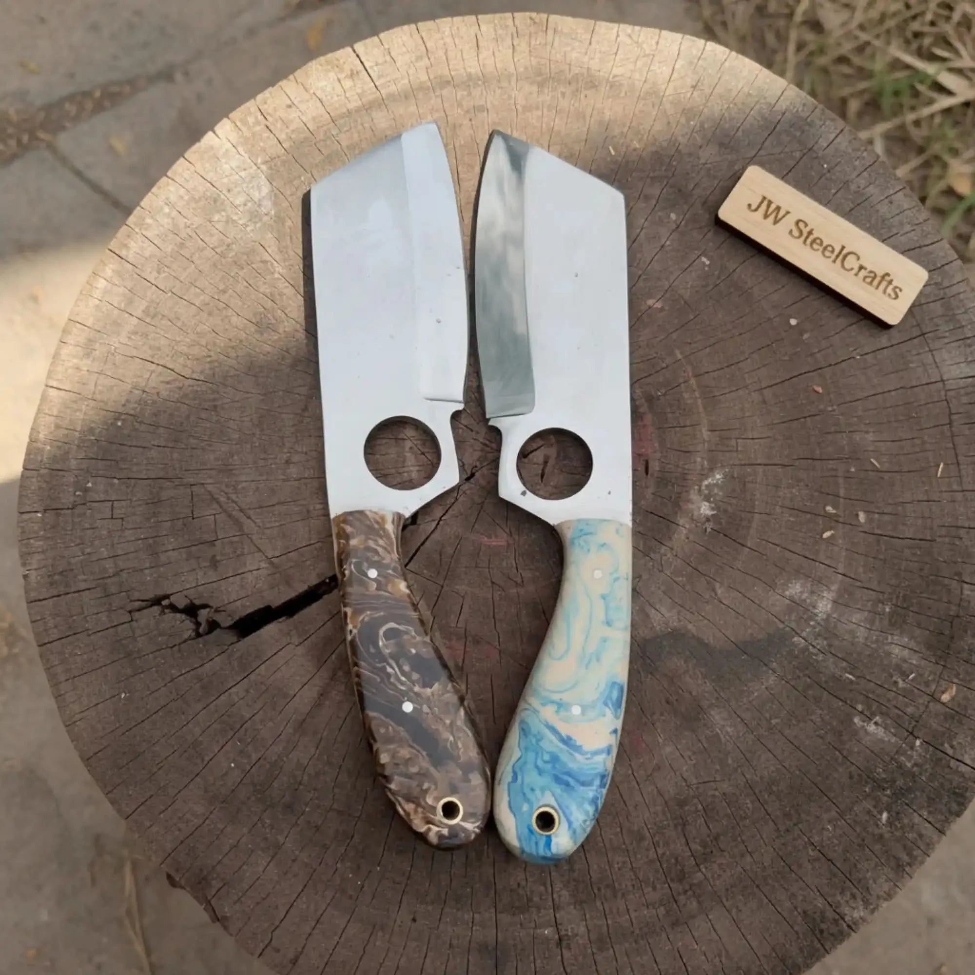 Mini Cleaver Knife Western Style Utility Cleaver Thumb Hole Resin Handle Fixed Blade by JW SteelCrafts, Damascus knife detail photo 2