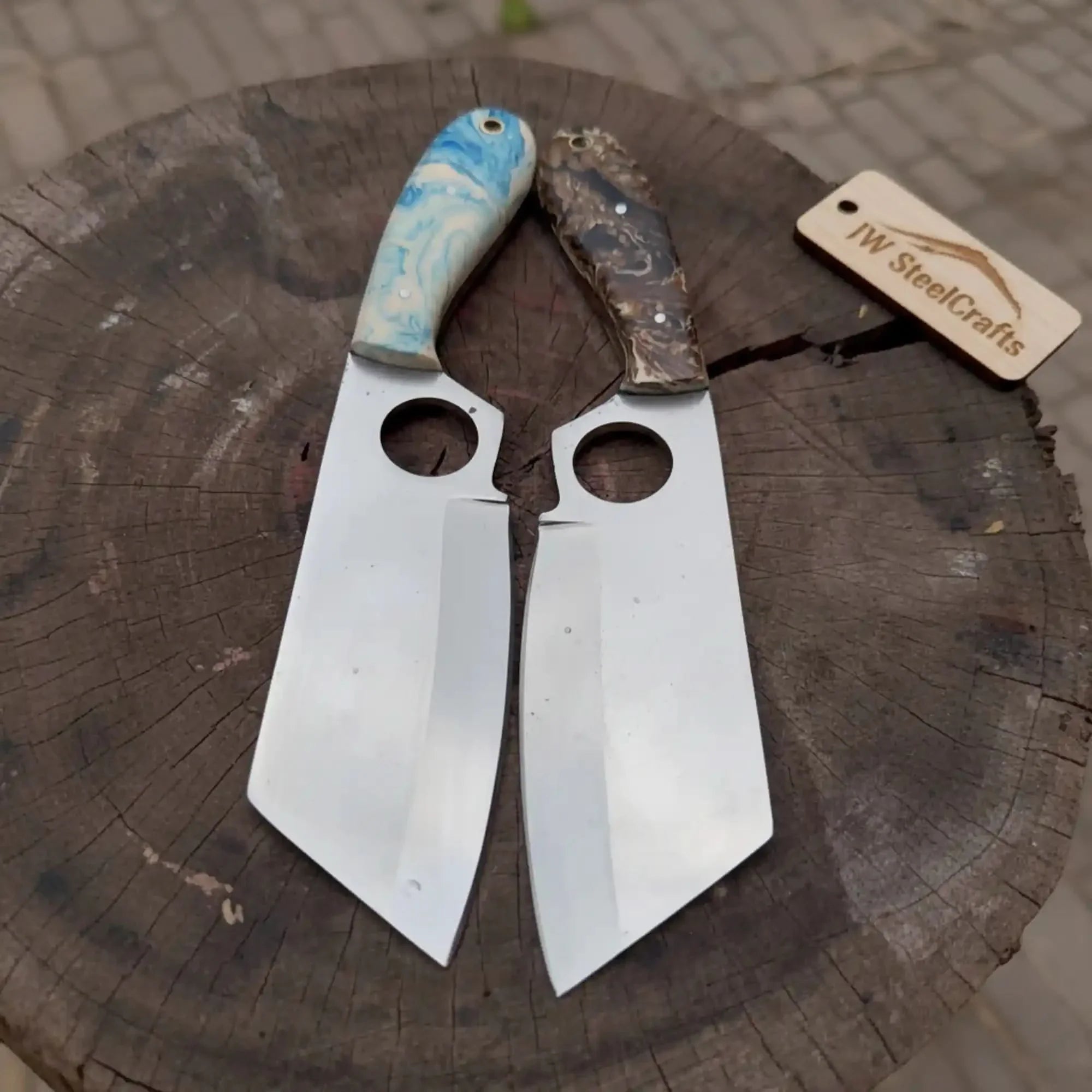 Mini Cleaver Knife Western Style Utility Cleaver Thumb Hole Resin Handle Fixed Blade by JW SteelCrafts, Damascus knife main product photo
