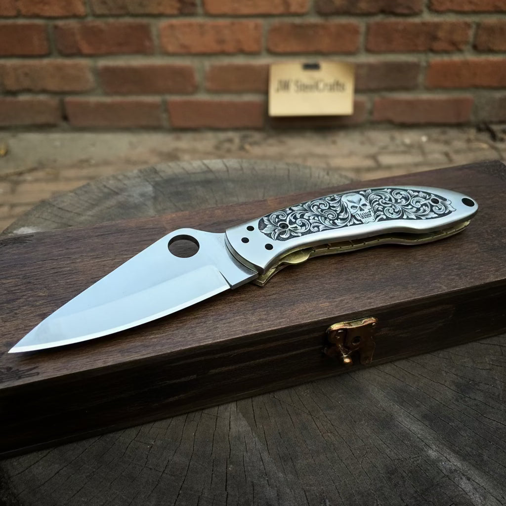 Hand Engraved D2 Steel Folding Pocket Knife — Mirror Polished Leaf Blade, Skull Floral Scroll Stainless Handle by JW SteelCrafts, Damascus knife detail photo 2