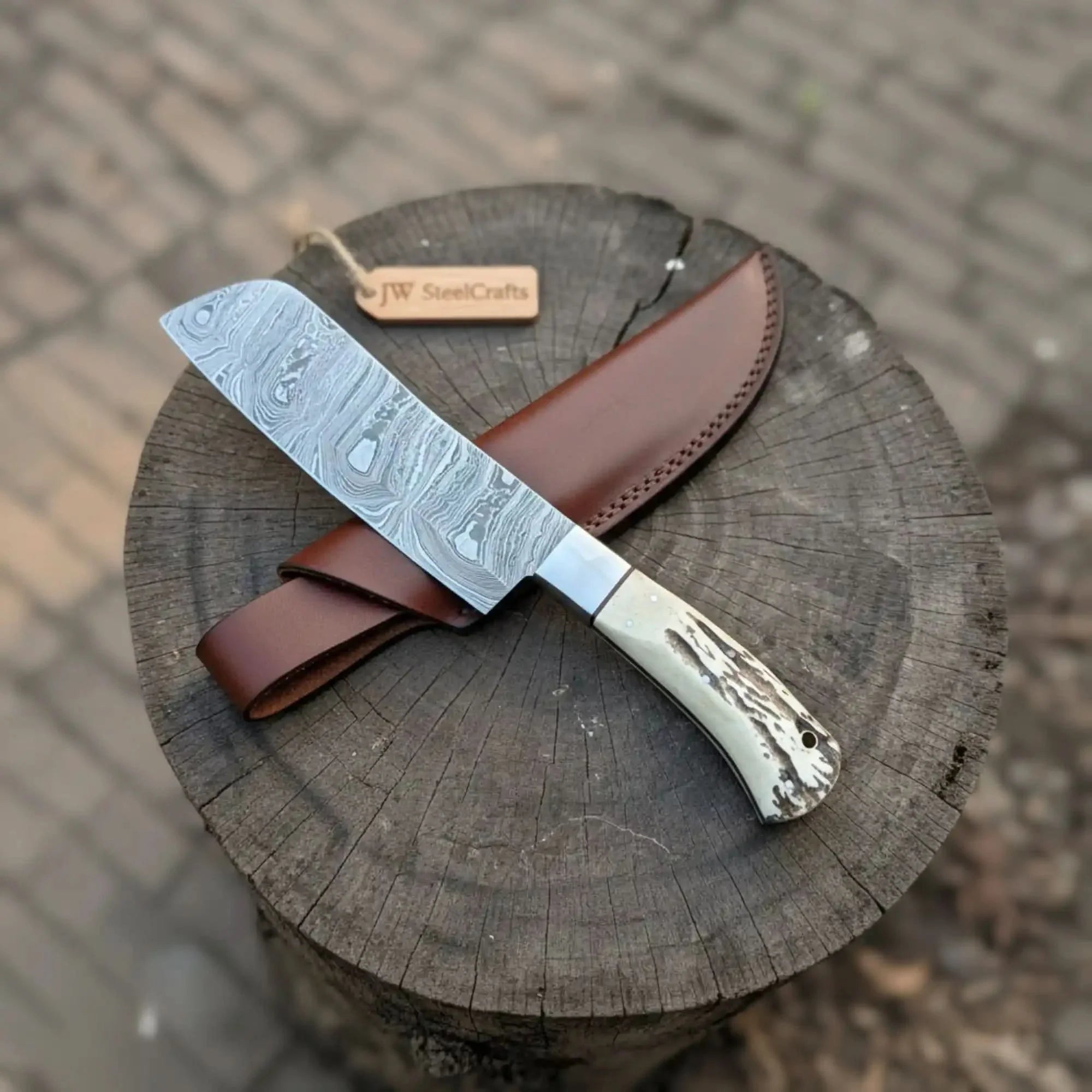 Handmade Damascus Cimeter Butcher Knife with Synthetic Stag Handle by JW SteelCrafts, Damascus knife detail photo 2
