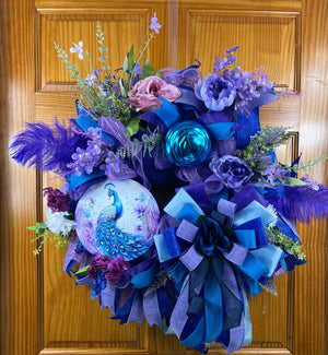 Royal Peacock Wreath | Handmade Blue & Purple Front Door Wreath | Elegant Floral Peacock Door Hanger | Luxury Everyday Home