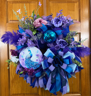 Royal Peacock Wreath | Handmade Blue & Purple Front Door Wreath | Elegant Floral Peacock Door Hanger | Luxury Everyday Home