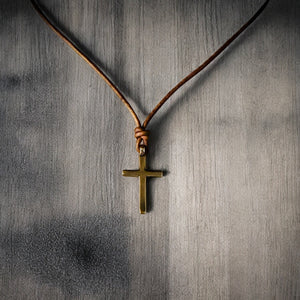 FAITH Classic Cross Necklace - Bronze on Leather Cord by Forged By Fire — view 2 of 10