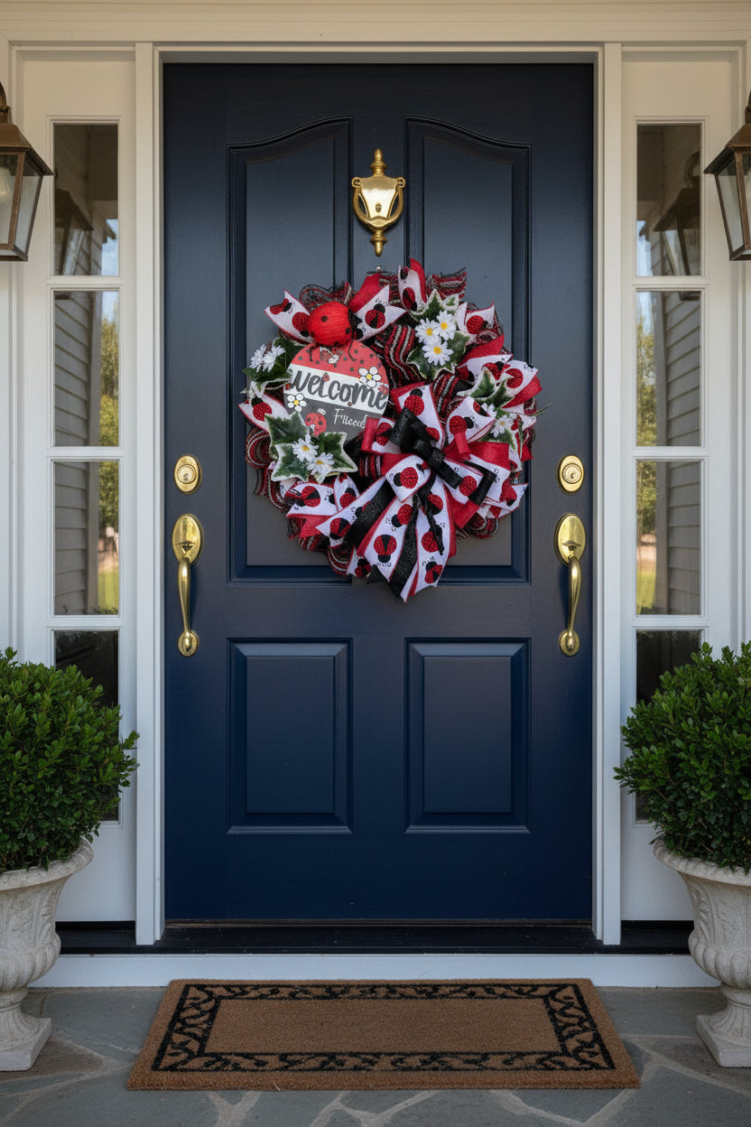 Ladybug Welcome Wreath | Handmade Spring Front Door Wreath | Garden Ladybug Door Hanger | Summer Farmhouse Decor