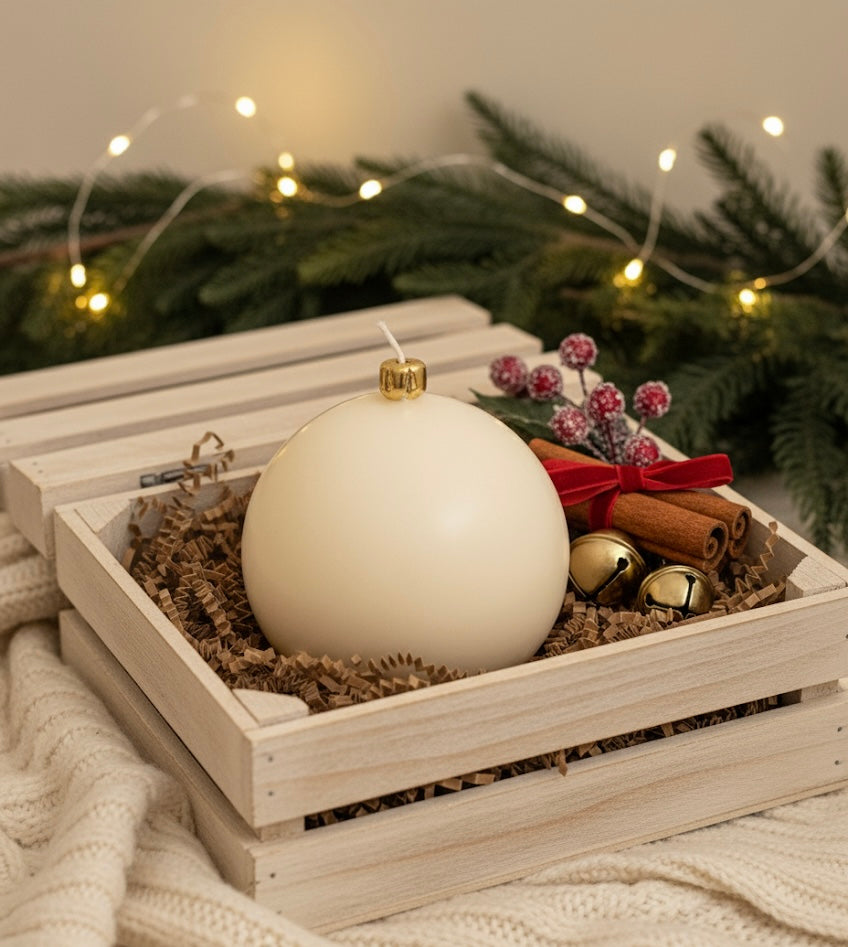 White Christmas sphere candle by Believe Candle – product view 3