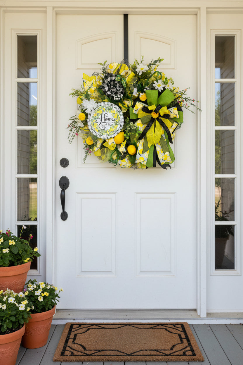 Home Sweet Home Lemon Wreath | Farmhouse Front Door Wreath | Handmade Summer Citrus Wreath | Everyday Welcome Door Hanger