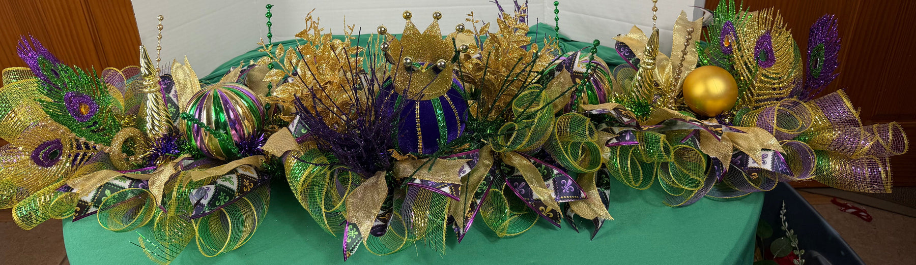 Mardi Gras garland , Purple Green Gold Mantel Swag, Carnival Table Arrangement, New Orleans Decor detail view by Bouge