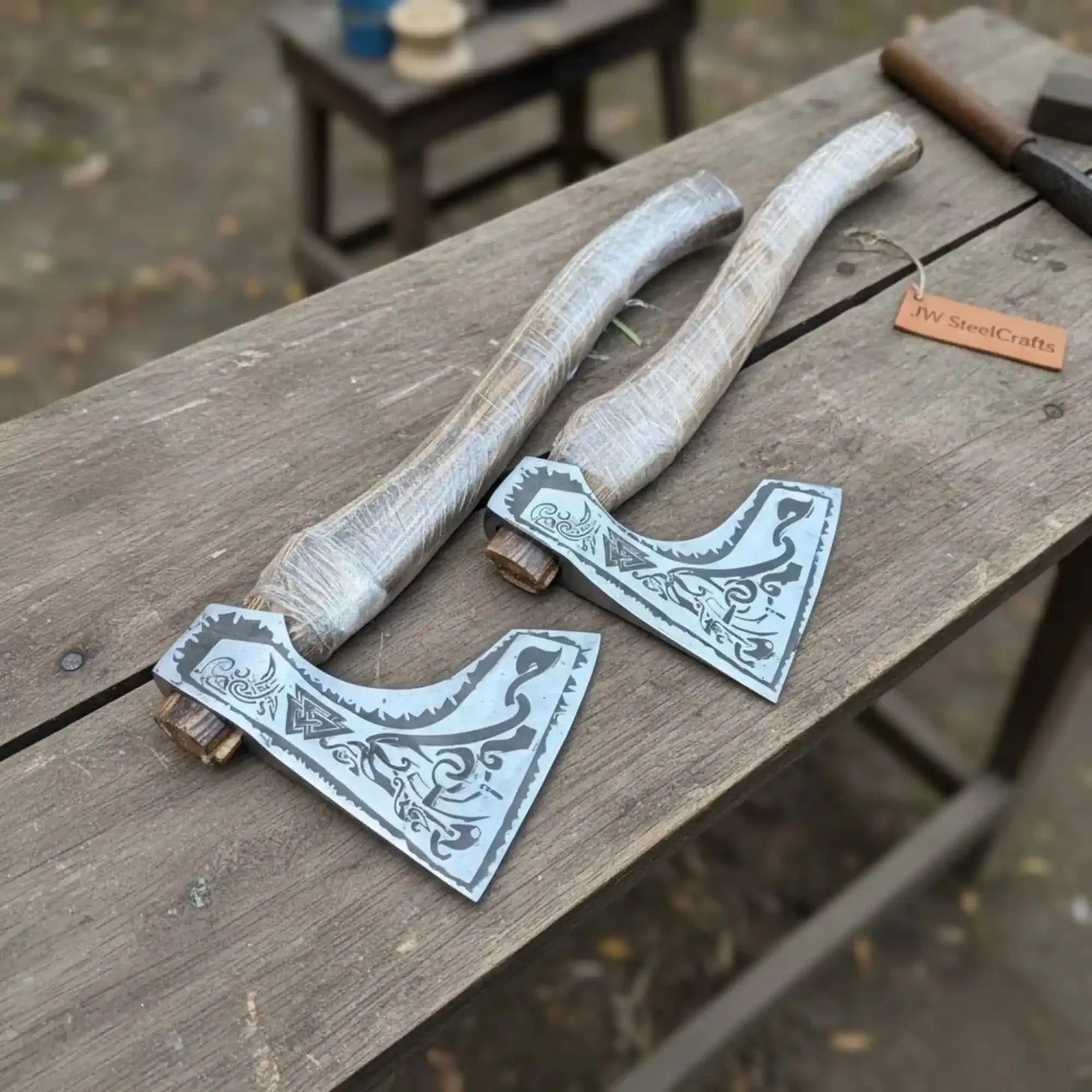 Norse Bearded Axe Pair — Viking Style Handmade Wood Cutting Tools, Damascus Heads, 6-8 Inch Edge & 18-20 Inch Ash Wood Handles