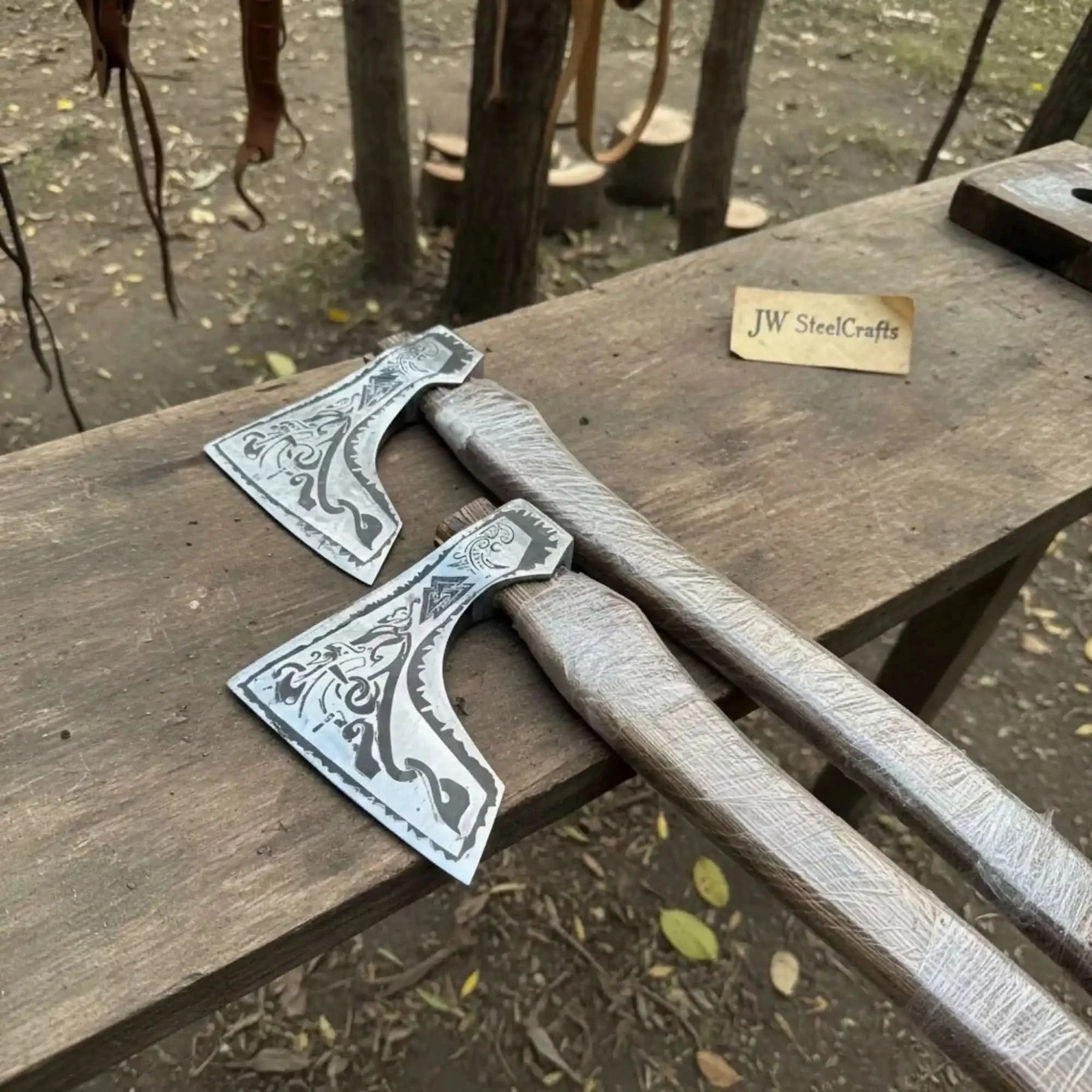 Norse Bearded Axe Pair — Viking Style Handmade Wood Cutting Tools, Damascus Heads, 6-8 Inch Edge & 18-20 Inch Ash Wood Handles