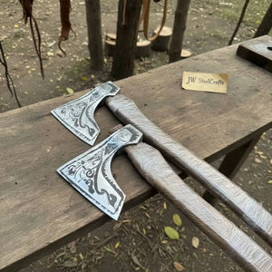 Norse Bearded Axe Pair — Viking Style Handmade Wood Cutting Tools, Damascus Heads, 6-8 Inch Edge & 18-20 Inch Ash Wood Handles