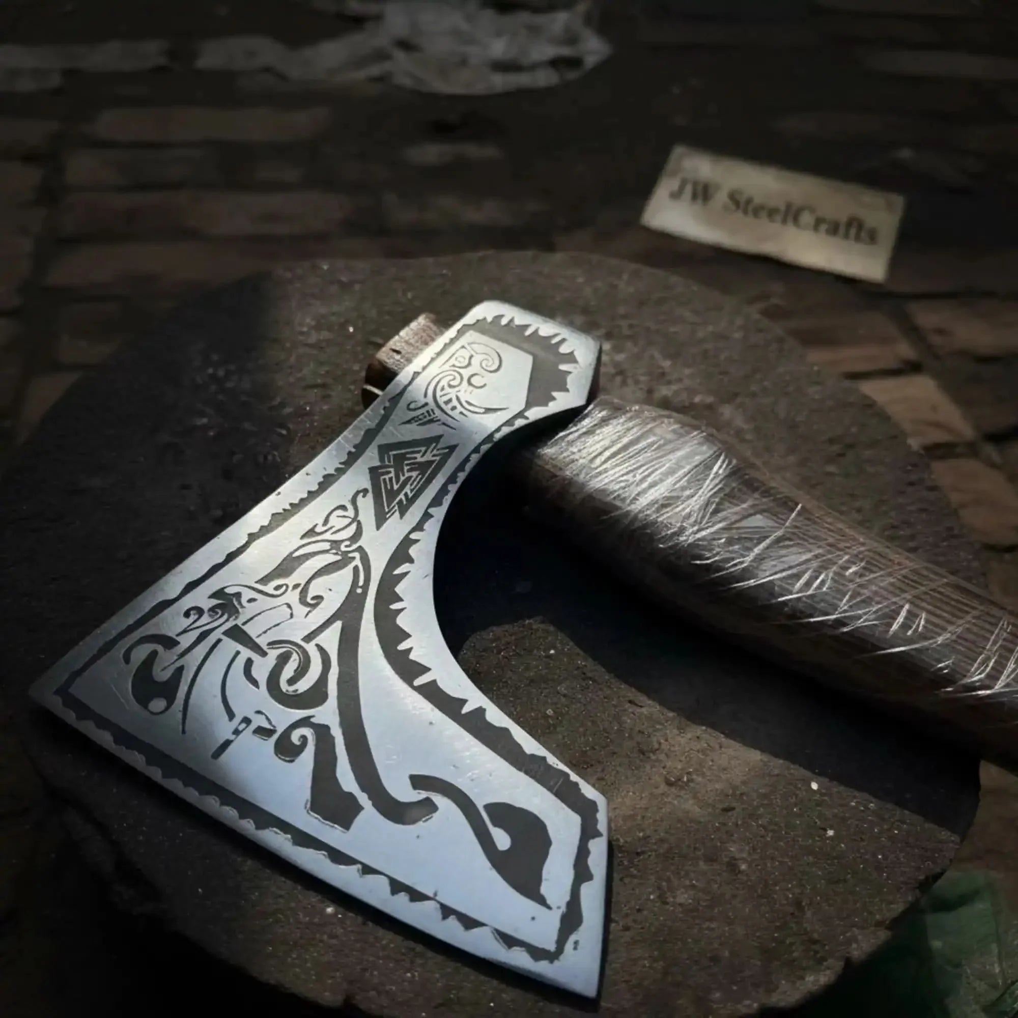 Norse Bearded Axe Pair — Viking Style Handmade Wood Cutting Tool by JW SteelCrafts, handmade axe main product photo