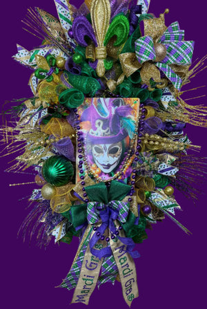 Luxury Mardi Gras Wreath | Purple Green Gold Front Door Wreath | Fat Tuesday Decor | Fleur De Lis Carnival Door Hanger