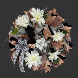 Black & Champagne Dahlia Wreath| Elegant Glam Front Door Decor detail view by Bouge Creations