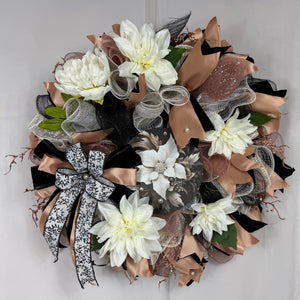 Black & Champagne Dahlia Wreath| Elegant Glam Front Door Decor detail view by Bouge Creations