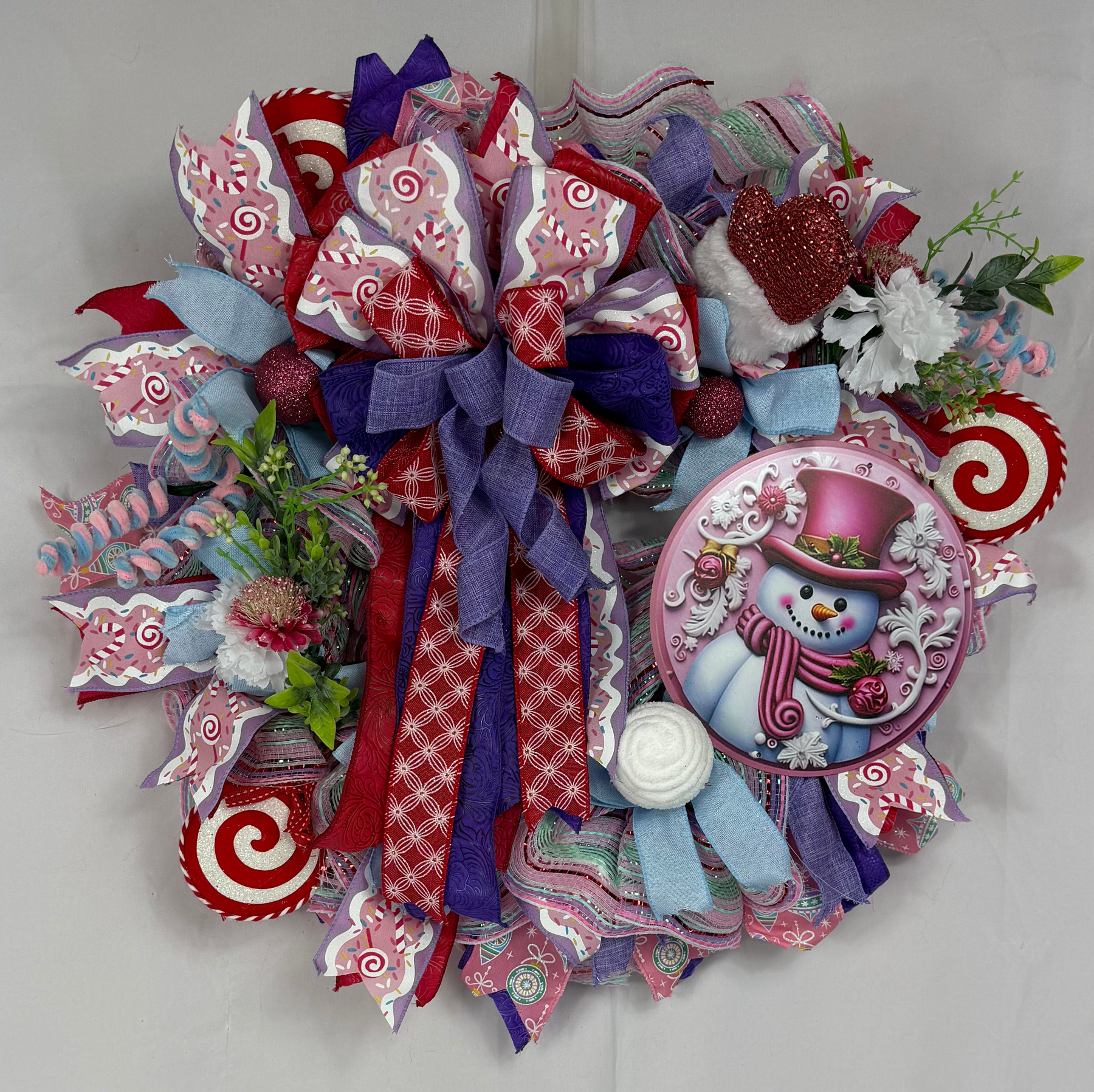 Pink Snowman Christmas Wreath | Candyland Holiday Front Door Wreath | Pastel Peppermint Christmas Decor | Handmade Winter