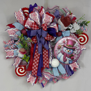 Pink Snowman Christmas Wreath | Candyland Holiday Front Door Wreath | Pastel Peppermint Christmas Decor | Handmade Winter