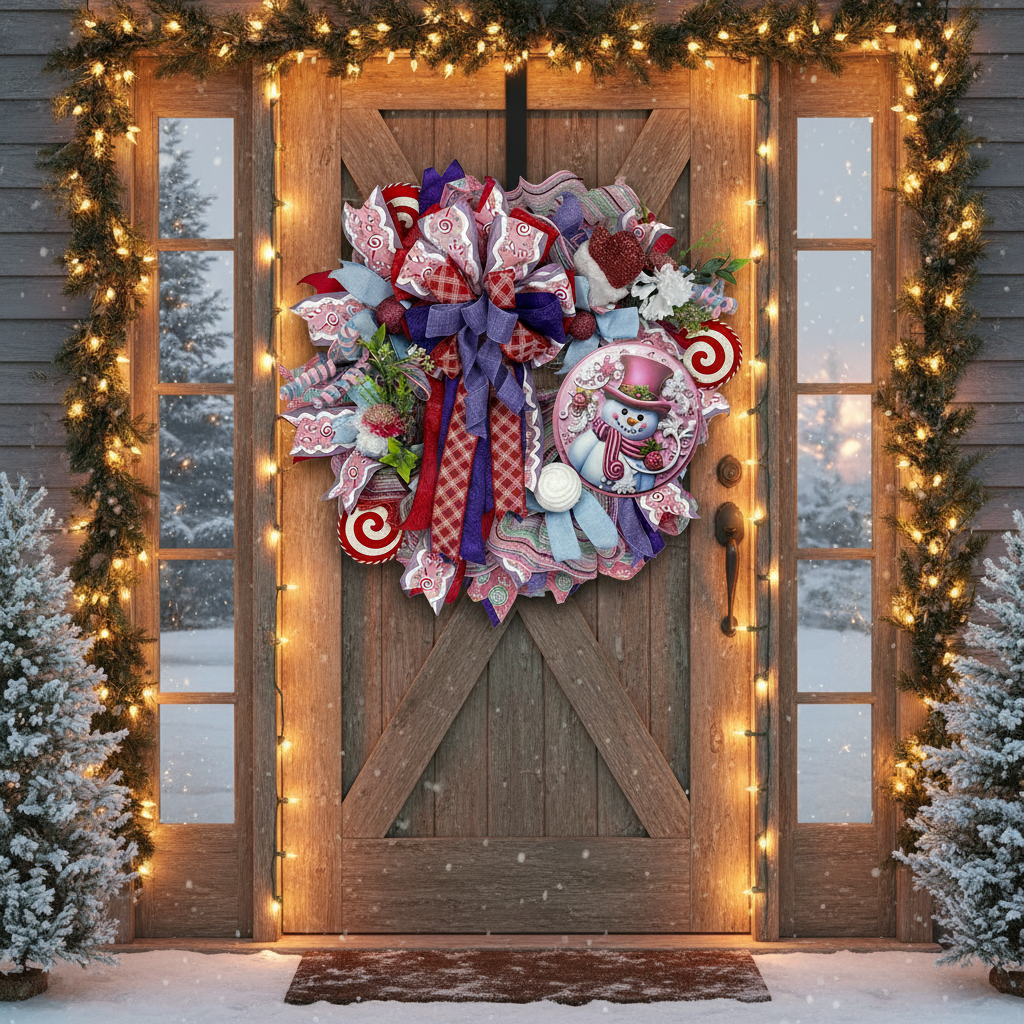 Pink Snowman Christmas Wreath | Candyland Holiday Front Door Wreath | Pastel Peppermint Christmas Decor | Handmade Winter