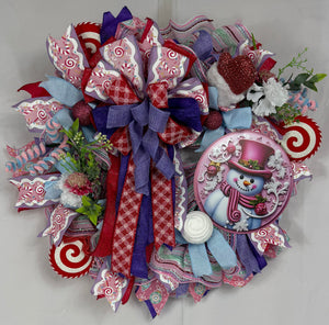 Pink Snowman Christmas Wreath | Candyland Holiday Front Door Wreath | Pastel Peppermint Christmas Decor | Handmade Winter