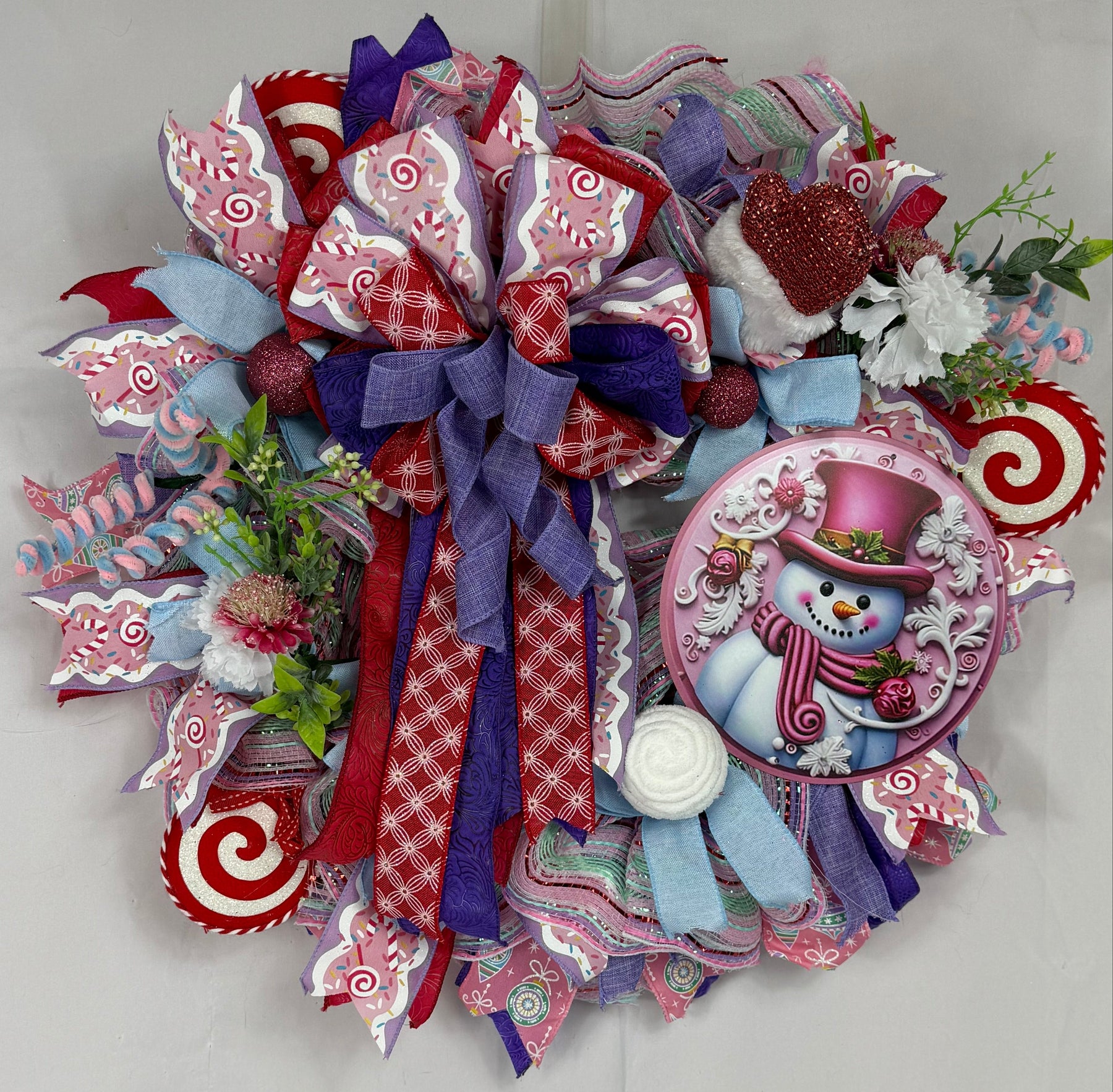 Pink Snowman Christmas Wreath | Candyland Holiday Front Door Wreath | Pastel Peppermint Christmas Decor | Handmade Winter