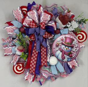 Pink Snowman Christmas Wreath | Candyland Holiday Front Door Wreath | Pastel Peppermint Christmas Decor | Handmade Winter