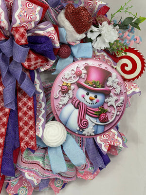 Pink Snowman Christmas Wreath | Candyland Holiday Front Door Wreath | Pastel Peppermint Christmas Decor | Handmade Winter