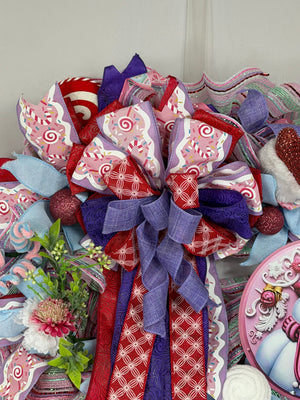 Pink Snowman Christmas Wreath | Candyland Holiday Front Door Wreath | Pastel Peppermint Christmas Decor | Handmade Winter