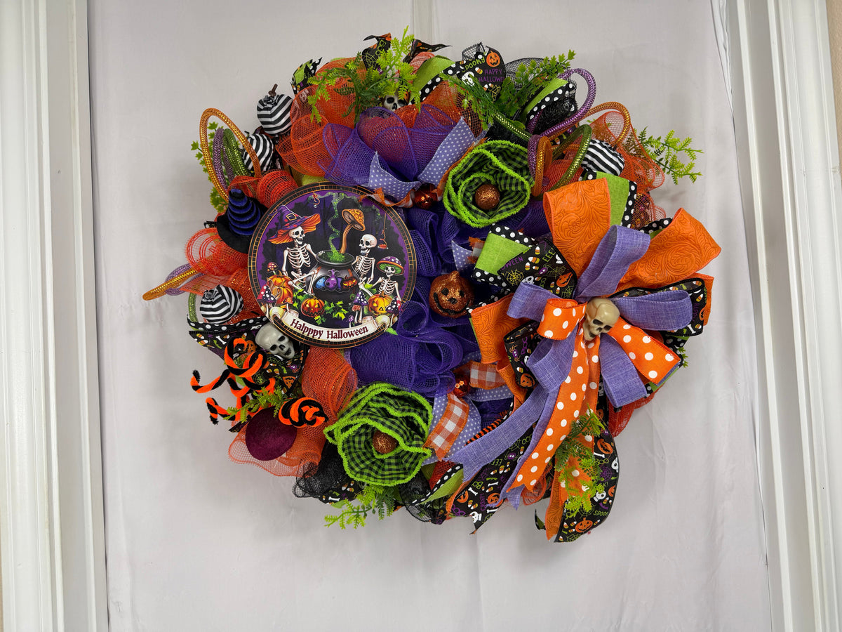 Happy Halloween Skeleton Wreath | Handmade Halloween Front Door Wreath | Spooky Skeleton Family Decor | Orange Purple Mesh