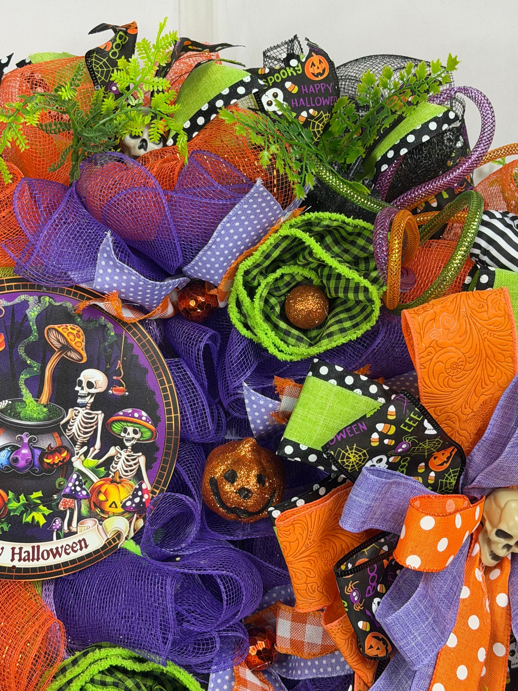 Happy Halloween Skeleton Wreath | Handmade Halloween Front Door Wreath | Spooky Skeleton Family Decor | Orange Purple Mesh Wreath