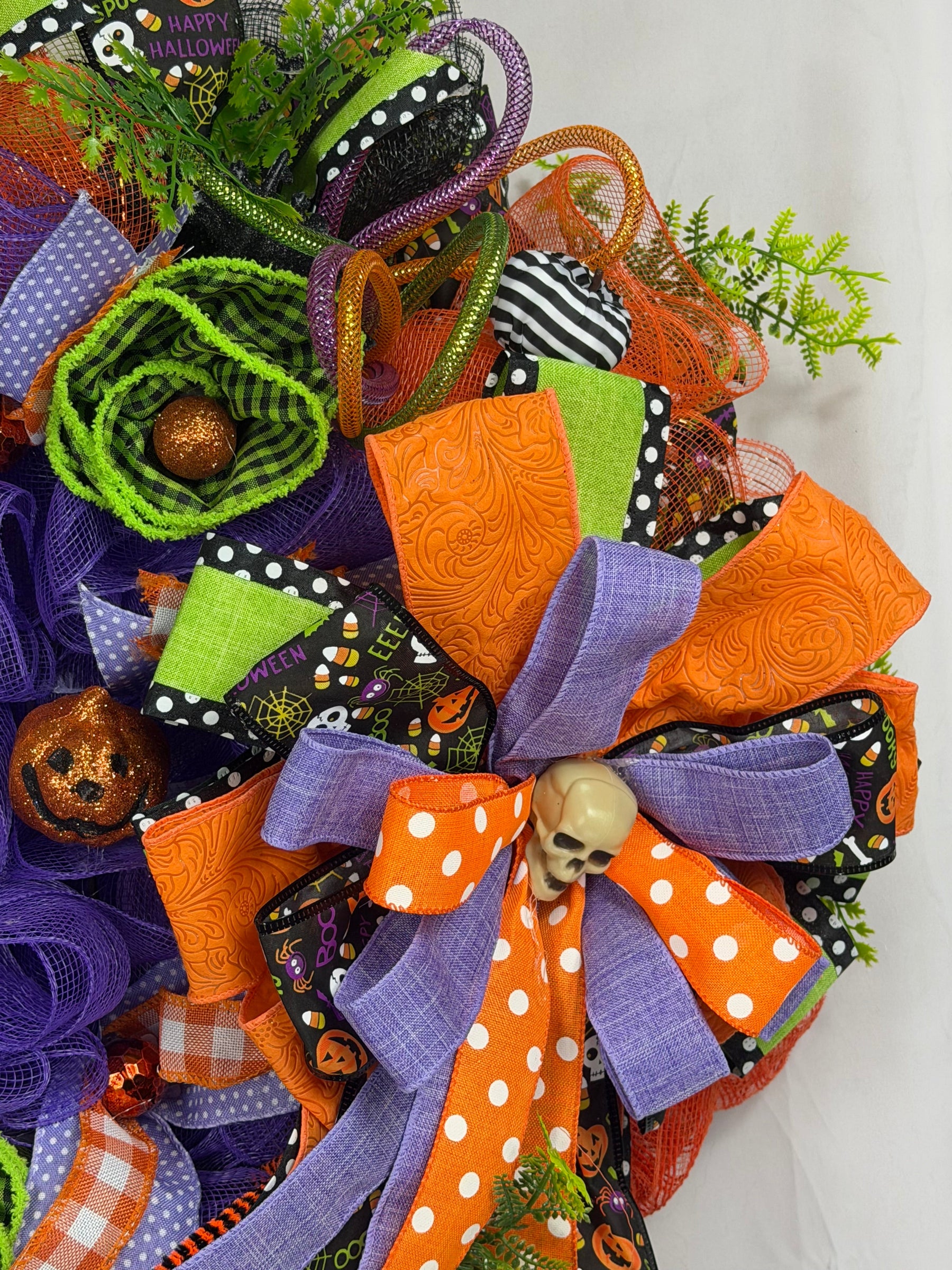 Happy Halloween Skeleton Wreath | Handmade Halloween Front Door Wreath | Spooky Skeleton Family Decor | Orange Purple Mesh Wreath