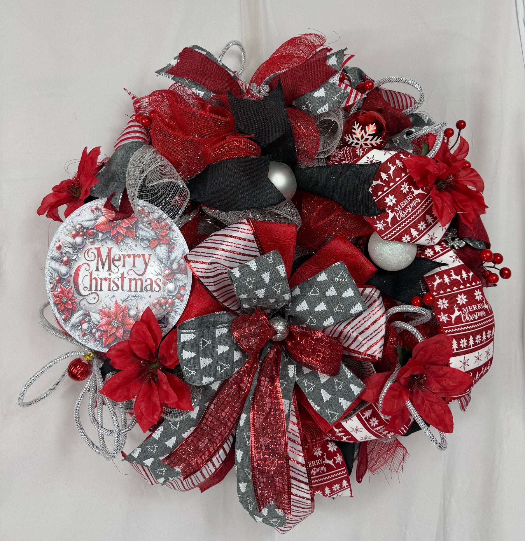 Merry Christmas Wreath | Traditional Christmas Front Door Wreath | Red Silver Farmhouse Holiday Decor | Handmade Christmas