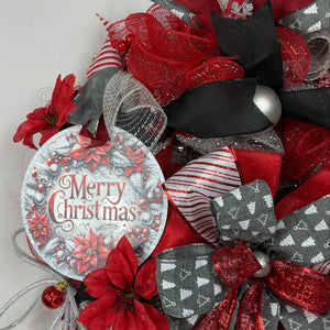 Merry Christmas Wreath | Traditional Christmas Front Door Wreath | Red Silver Farmhouse Holiday Decor | Handmade Christmas