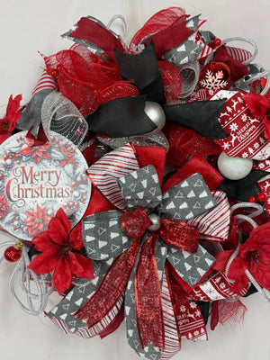 Merry Christmas Wreath | Traditional Christmas Front Door Wreath | Red Silver Farmhouse Holiday Decor | Handmade Christmas