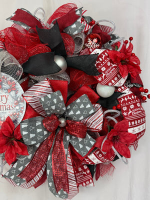 Merry Christmas Wreath | Traditional Christmas Front Door Wreath | Red Silver Farmhouse Holiday Decor | Handmade Christmas
