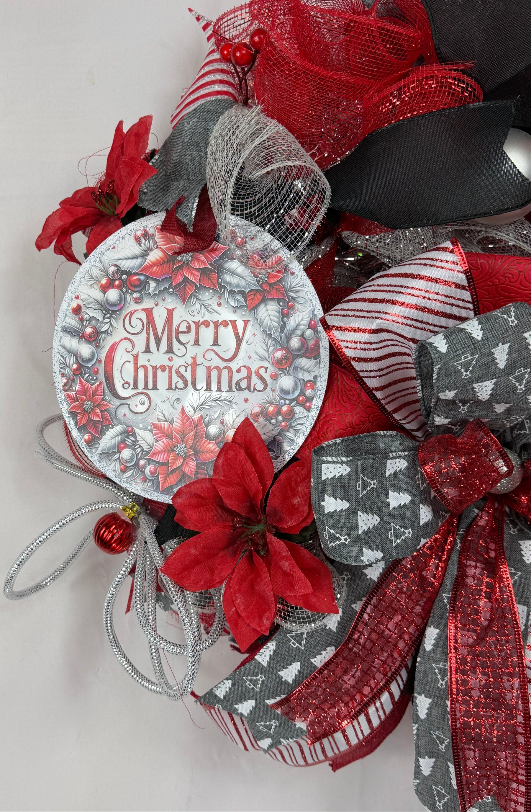 Merry Christmas Wreath | Traditional Christmas Front Door Wreath | Red Silver Farmhouse Holiday Decor | Handmade Christmas