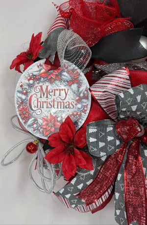 Merry Christmas Wreath | Traditional Christmas Front Door Wreath | Red Silver Farmhouse Holiday Decor | Handmade Christmas