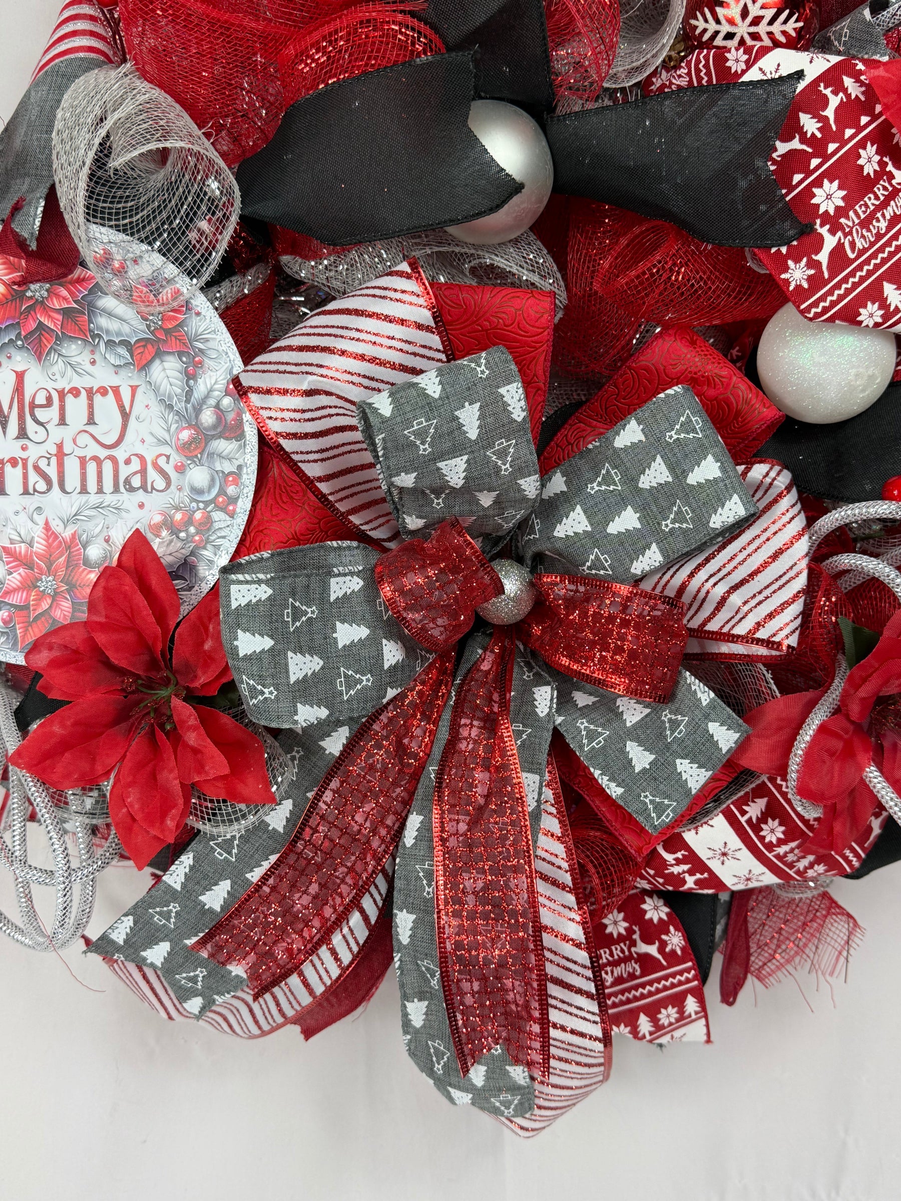 Merry Christmas Wreath | Traditional Christmas Front Door Wreath | Red Silver Farmhouse Holiday Decor | Handmade Christmas