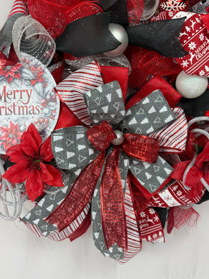 Merry Christmas Wreath | Traditional Christmas Front Door Wreath | Red Silver Farmhouse Holiday Decor | Handmade Christmas