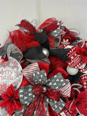 Merry Christmas Wreath | Traditional Christmas Front Door Wreath | Red Silver Farmhouse Holiday Decor | Handmade Christmas