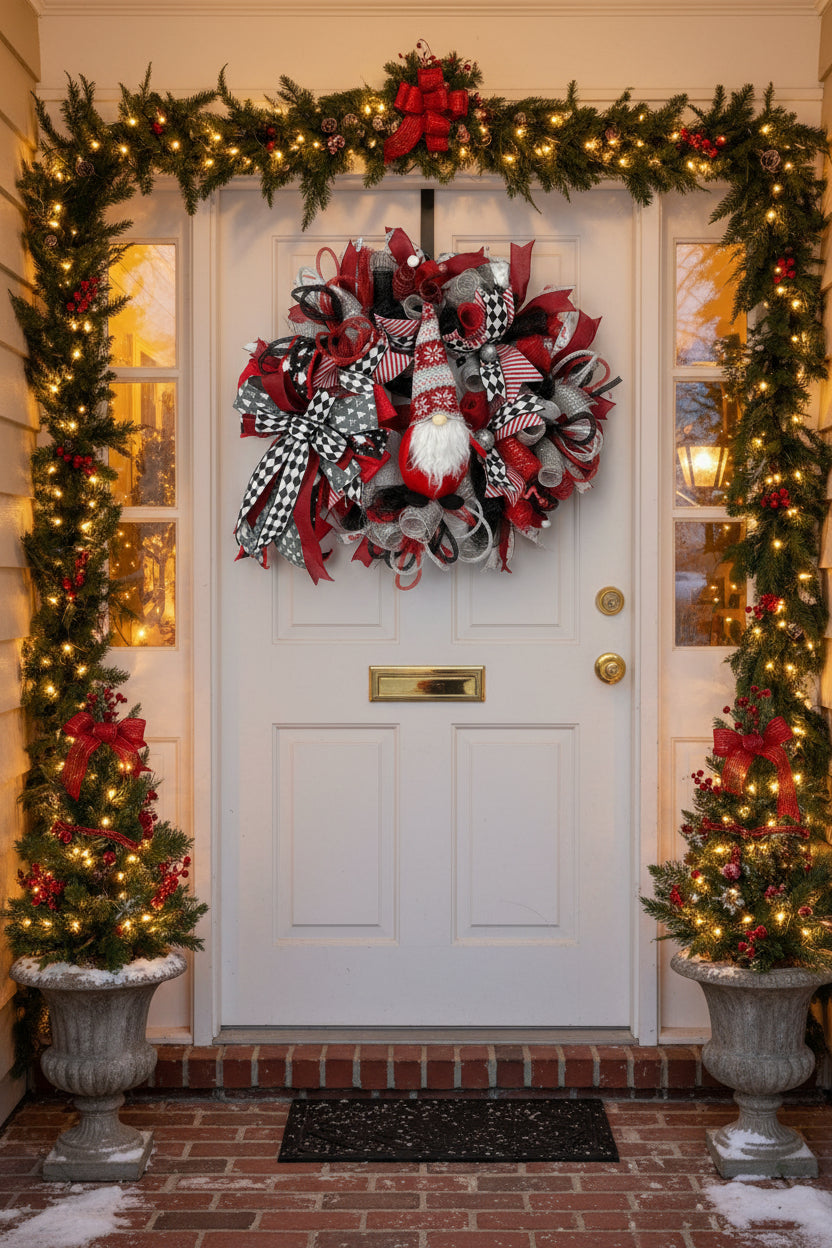 Christmas Gnome Wreath | Scandinavian Santa Gnome Front Door Wreath | Red Black Farmhouse Holiday Decor | Handmade Christmas