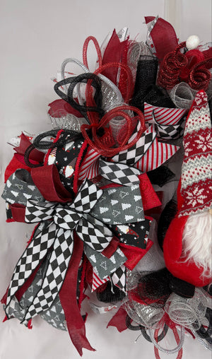 Christmas Gnome Wreath | Scandinavian Santa Gnome Front Door Wreath | Red Black Farmhouse Holiday Decor | Handmade Christmas