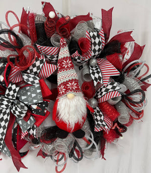 Christmas Gnome Wreath | Scandinavian Santa Gnome Front Door Wreath | Red Black Farmhouse Holiday Decor | Handmade Christmas
