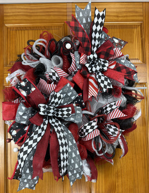 Christmas Gnome Wreath | Scandinavian Santa Gnome Front Door Wreath | Red Black Farmhouse Holiday Decor | Handmade Christmas Door Hanger
