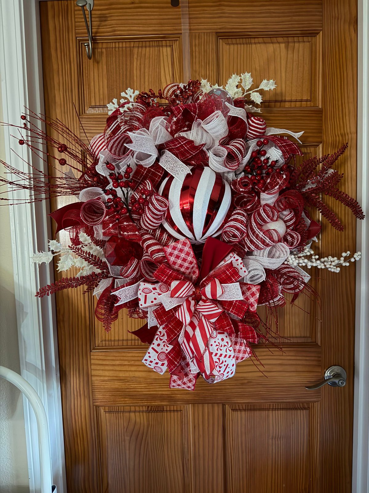 Red & White Christmas Wreath – Peppermint Candy Cane Front Door Wreath with Ornament & Designer Ribbon